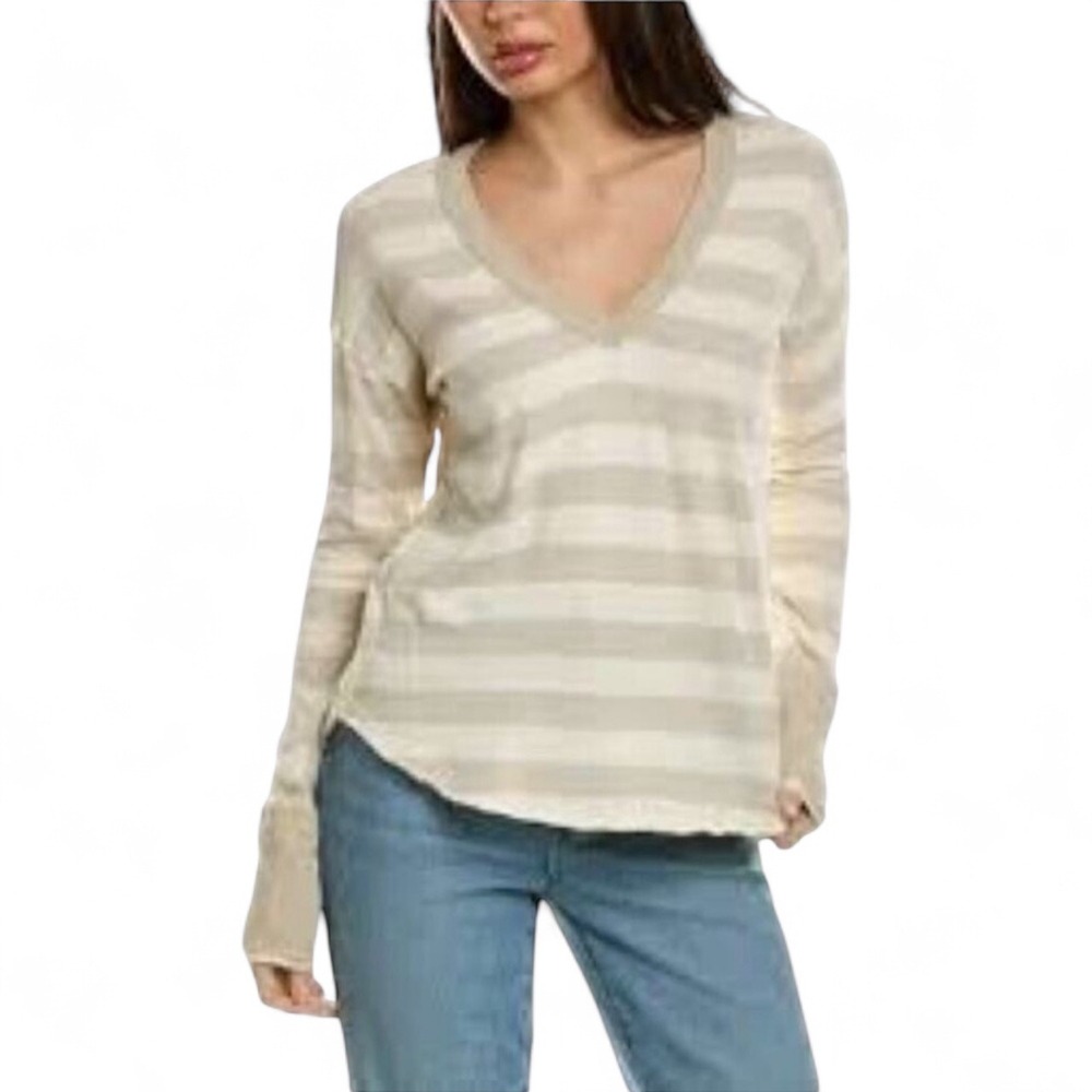We The Free Sail Away Striped V Neck Long Sleeve Top Women's Size L